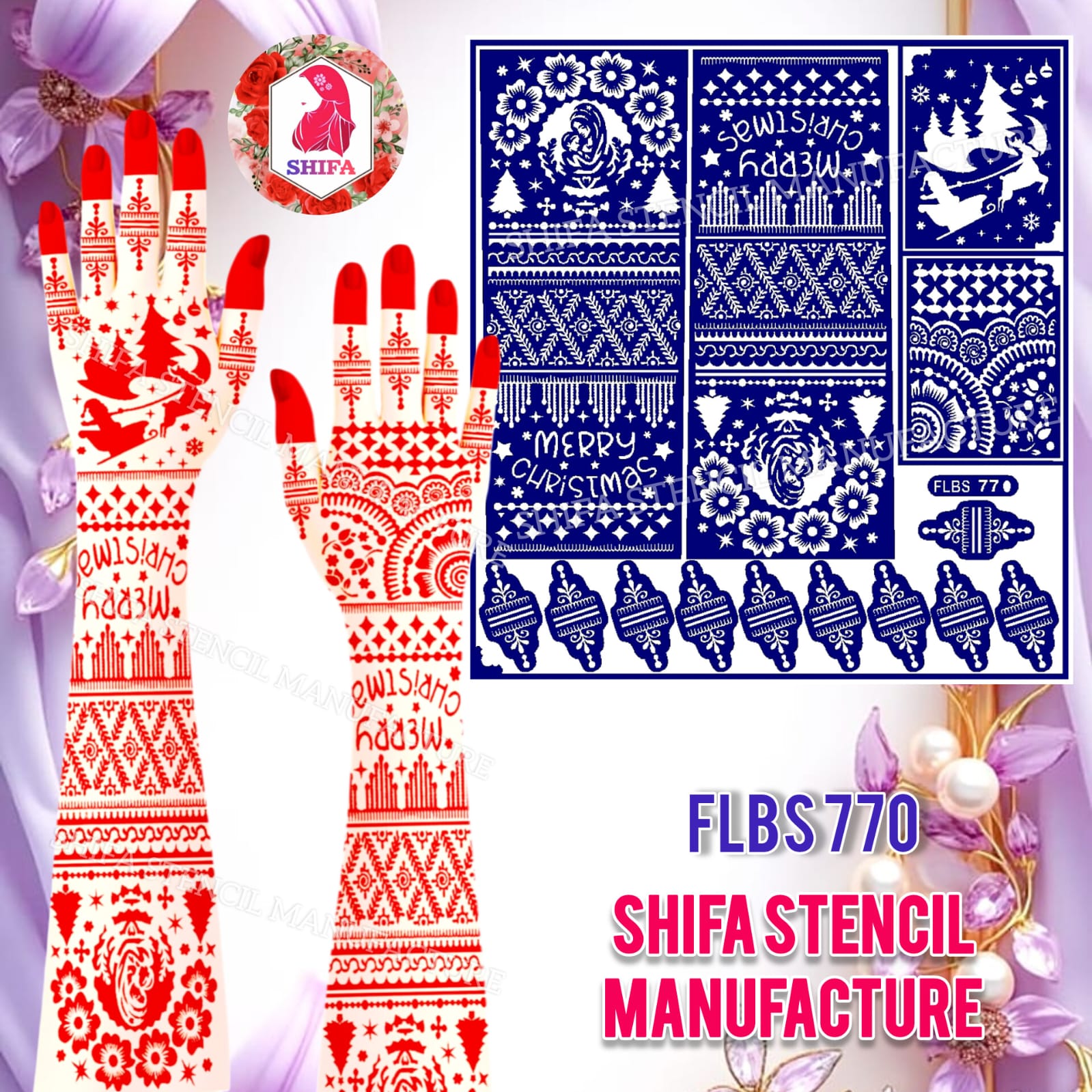 FLBS 770 Festive Christmas Magic Stencil Design Sticker overview Henna Stencil - Shifa Stencil